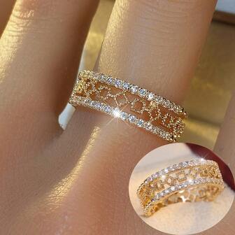 几何镂空不对称微镶锆石戒指，时尚百搭女士日常通勤戒指