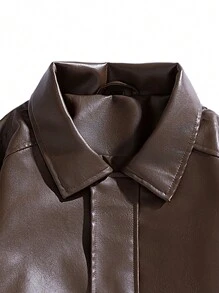 Men's Long Sleeve Casual Loose Fit Business PU Leather Jacket, For Fall, Grunge - Brown - View 4