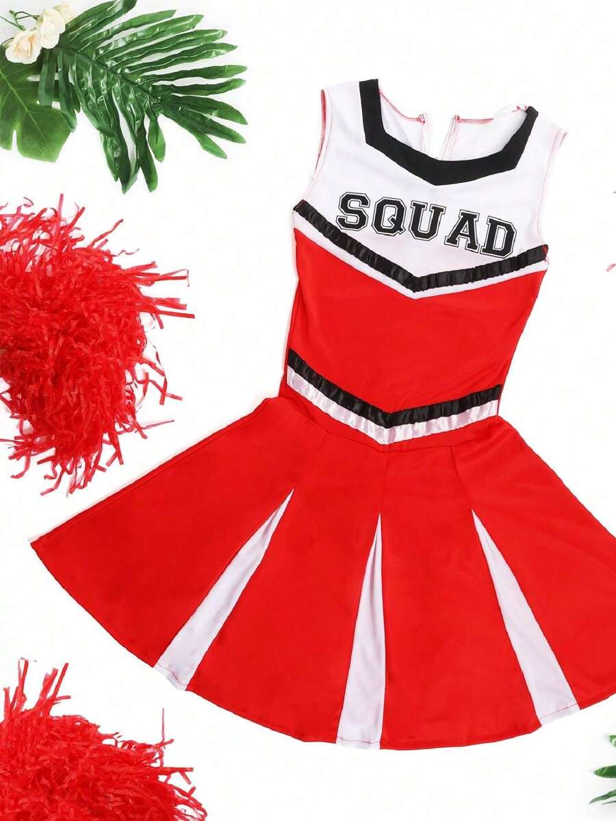 I LOVE FANCY DRESS Ladies Cheerleader Costume With Matching Colour Pom Poms Pair Dress Adults Outfit Halloween Block Colour Cute Dress Cheerleader Uniform Sexy Sporty - Red - View 1