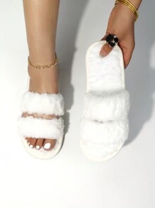 秋冬 2 件女士时尚蓬松白色伴娘拖鞋，软底舒适室内地板安静卧室拖鞋，适合新婚夫妇