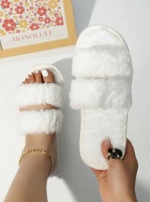 秋冬 2 件女士时尚蓬松白色伴娘拖鞋，软底舒适室内地板安静卧室拖鞋，适合新婚夫妇