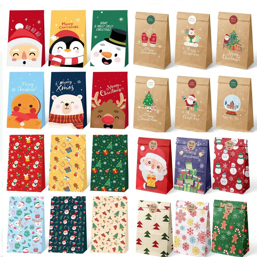 6/12pcs Random Polychrome Style Christmas Gift Bag Paper Candy Food Packaging Gift Bag For Christmas Party Decoration Supplies