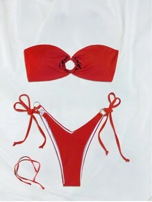Conjunto de biquíni feminino estilo europeu e americano para férias de verão na praia, composto por 2 peças, com top tomara que caia acolchoado em nylon e amarração lateral. - Vermelho - Ver 2