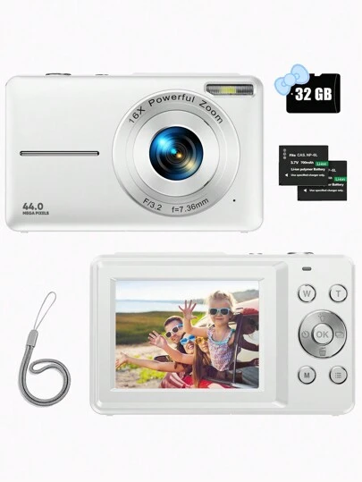 Nicamery 数码相机，FHD 1080P 紧凑型青少年相机 44MP 傻瓜数码相机，配备 32GB SD 卡、16 倍变焦、2 块电池、背带，适合初学者的小型相机礼物