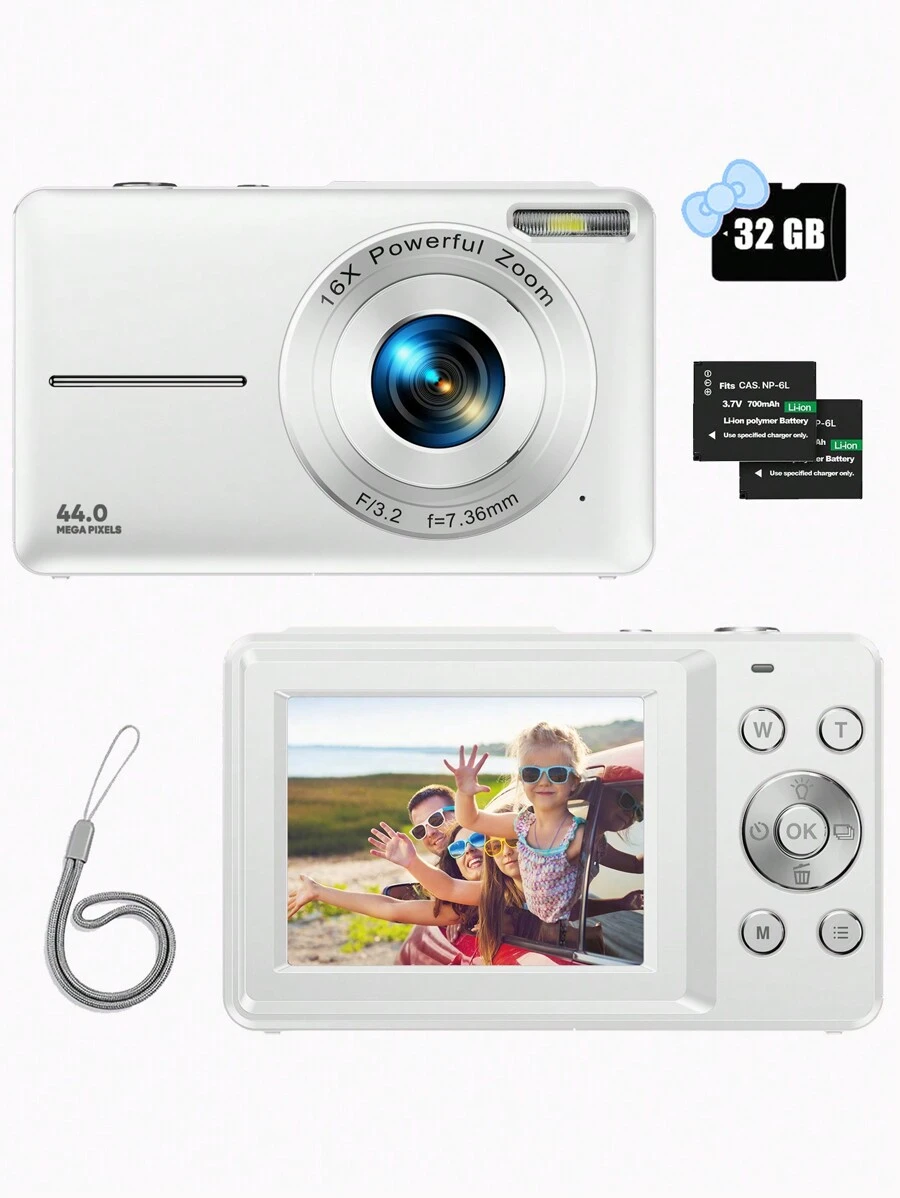 Nicamery 数码相机，FHD 1080P 紧凑型青少年相机 44MP 傻瓜数码相机，配备 32GB SD 卡、16 倍变焦、2 块电池、背带，适合初学者的小型相机礼物