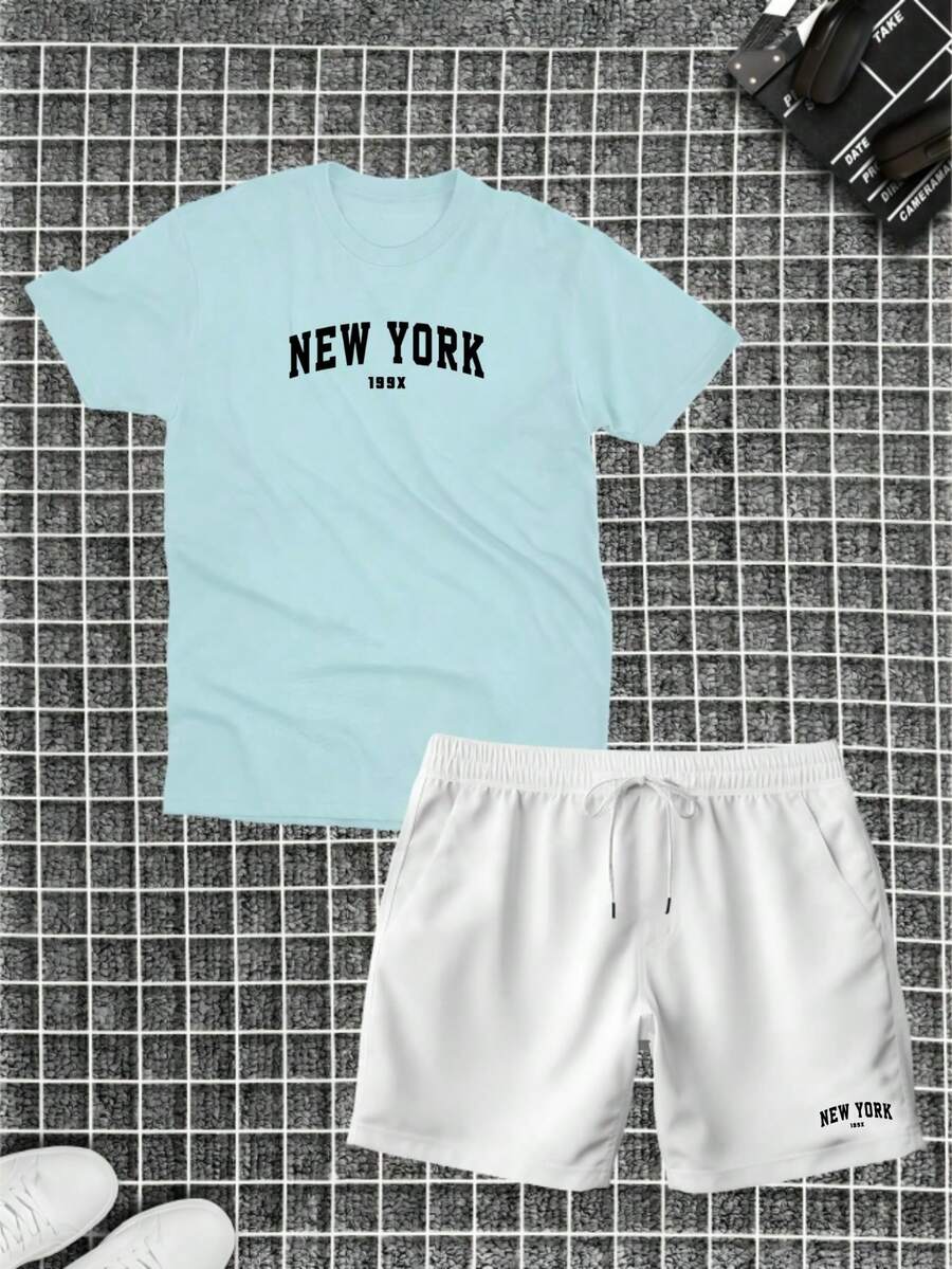 Cotton T-Shirt + Short Tectel New York Summer Combo Kit - Màu xanh nhạt - Xem 1