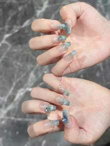 10 件短方形绿色猫眼水钻装饰蝴蝶和心形设计假指甲，可重复使用的女士秋冬美甲配件，包括 1 件指甲油 - 彩色 - 查看 2