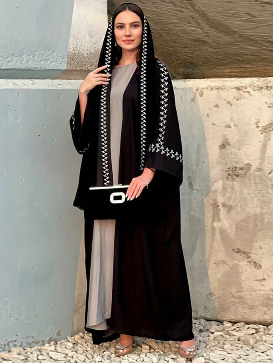 1pc Elegant Polyester Embroidered Open Abaya Cardigan Kaftan With Matching Hijab - Black - View 1