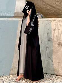 1pc Elegant Polyester Embroidered Open Abaya Cardigan Kaftan With Matching Hijab - Black - View 4