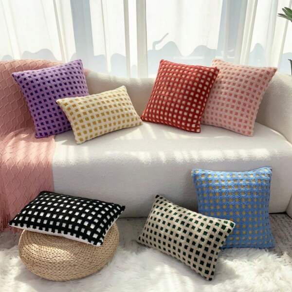 1pc Plush Jacquard Checkered Pillow Cover Or Lumbar Pillow Case, No Inner Cushion Included, Simple And Fresh Design For Sofa, Living Room, Party Decor