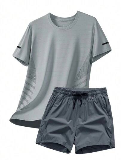 Boyfriend Style Men's Ice-Cooling Elastic Short Sleeve & Quick-Dry Sports Shorts Set, Summer Boyfriend Style Men Two Pieces Outfits
