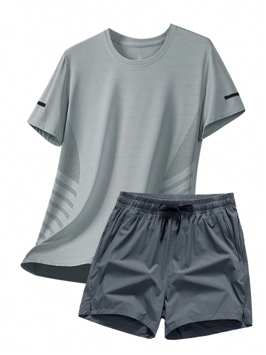 Boyfriend Style Men's Ice-Cooling Elastic Short Sleeve & Quick-Dry Sports Shorts Set, Summer Boyfriend Style Men Two Pieces Outfits - Grey - View 1