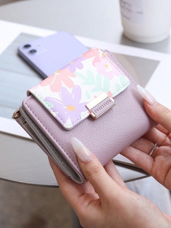 1 pezzo nuovo portafoglio corto di moda, in stile universitario, in pelle PU viola con goffratura, stampa grande e dolce, cerniera e chiusura a scatto, slot per carte espandibili, porta monete, regalo elegante e pratico per l'uso quotidiano delle donne