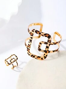 1 Ring + 1 Bracelet Fashion Simple Sleek Design Metal Square Unique Leopard Print Openable Bracelet Ring Jewelry Set For Women - Geometric Square - View 2
