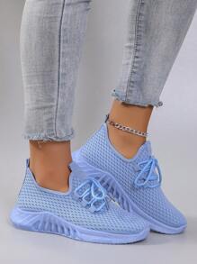 STEPREACH Women Casual Sports Shoes, Breathable Mesh Fabric, Lightweight, Lace-Up, Solid Color, Neon Pink, Anti-Slip & Durable
