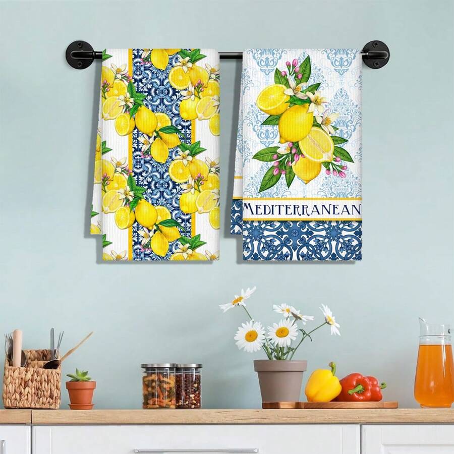 2 piezas/set Paño de cocina con estampado de limón de porcelana azul y blanco vintage, paño de cocina de secado rápido, tela decorativa de cocina y baño