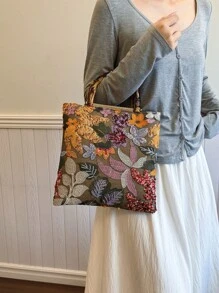 Fashion Colorful Sequins Contrast Mesh Embroidered Jacquard Elegant Lady Bamboo Handle Tote Bag Linen Handbag Party Holiday Evening Clutch, Summer - Multicolor - View 5