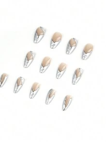 Sanrio 24pcs Set Of Medium-Long Nude-Colored Mirror Finish 3D Silver Liquid Metal Wavy Y2K Millennial False Nails + 1pc Jelly Glue + 1pc Nail File Press On Nails Nail Supplies - Silver - View 6