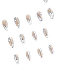 Sanrio 24pcs Set Of Medium-Long Nude-Colored Mirror Finish 3D Silver Liquid Metal Wavy Y2K Millennial False Nails + 1pc Jelly Glue + 1pc Nail File Press On Nails Nail Supplies - Silver - View 5