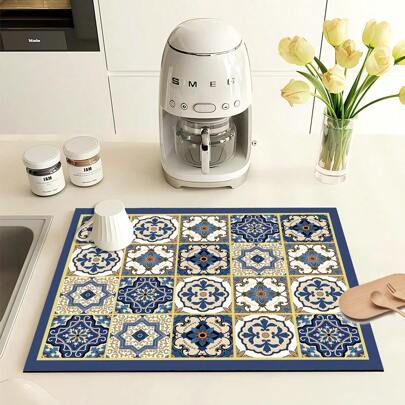 1件复古格子印花防水厨房台面沥水垫，超强吸水，遮盖污渍，底部防滑橡胶，多用途餐桌厨房垫，适用于咖啡机、碗碟架、咖啡桌，吸水防滑橡胶底沥水垫，适用于咖啡壶、意式咖啡机，装饰垫