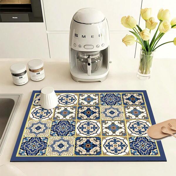 1pc Vintage Grid Pattern Printed Waterproof Kitchen Counter Bowl Plate Drying Mat, Super Absorbent Stain Hidden Dish Drainer Drying Pad With Non-Slip Rubber Backing, Multi-Functional Dining Kitchen Home Mat For Coffee Maker Dish Rack, Kitchen Counter Coffee Pad Bowl Dish Drying Mat, Water Absorption Non-Slip Rubber Backing Dish Drainer Drying Mat For Coffee Pot, Suitable For Coffee Maker, Espresso Maker, Decorative Mat