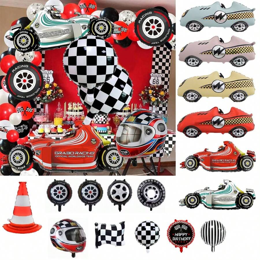 1 件赛车氦气铝箔气球,车轮方格旗快速赛车头盔路障生日快乐气球派对装饰主题派对用品,圣诞节 - 彩色 - 查看 1