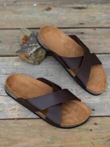 Men's Simple Slip-On Flat Cross Sandals - Brown - View 5