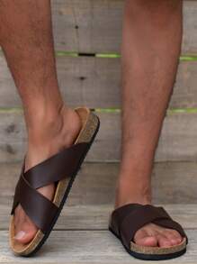 Men's Simple Slip-On Flat Cross Sandals - Brown - View 3