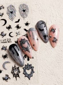 万圣节设计美甲贴纸发光可爱幽灵，闪光南瓜蝙蝠蜘蛛网，骷髅骨头自粘滑块装饰美甲 - 黑與白 - 查看 7