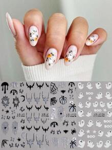 万圣节设计美甲贴纸发光可爱幽灵，闪光南瓜蝙蝠蜘蛛网，骷髅骨头自粘滑块装饰美甲 - 黑與白 - 查看 18
