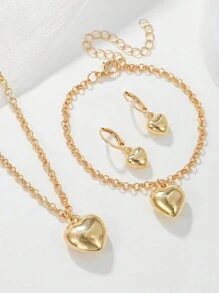 4 件套女孩金色心形耳环和项链首饰套装，合金颈链和耳环 - 金色 - 查看 3
