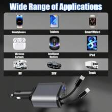 YITUMU 车载充电器，4 合 1 车载充电器，2 条伸缩电缆和 USB 车载充电器，带超快速闪光充电和伸缩电缆，便携式多功能手机车载充电器 - 銀色 - 查看 7
