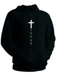 Women's Cold Weather Blouse Jesus Evangelico Kangaroo Hoodie Flannel Pocket - 黑色 - 查看 1