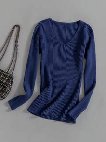 GIGOGOU Women's V-Neck Ribbed Basic Sweater, Fashionable Sexy Slim Fit Casual Top, Suitable For Spring And Autumn - Royal Blue - View 2
