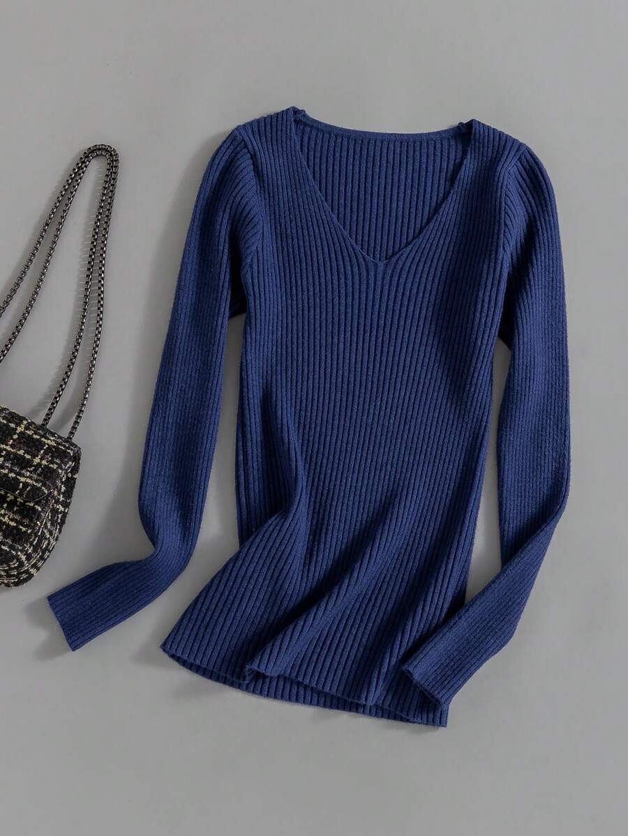 GIGOGOU Women's V-Neck Ribbed Basic Sweater, Fashionable Sexy Slim Fit Casual Top, Suitable For Spring And Autumn