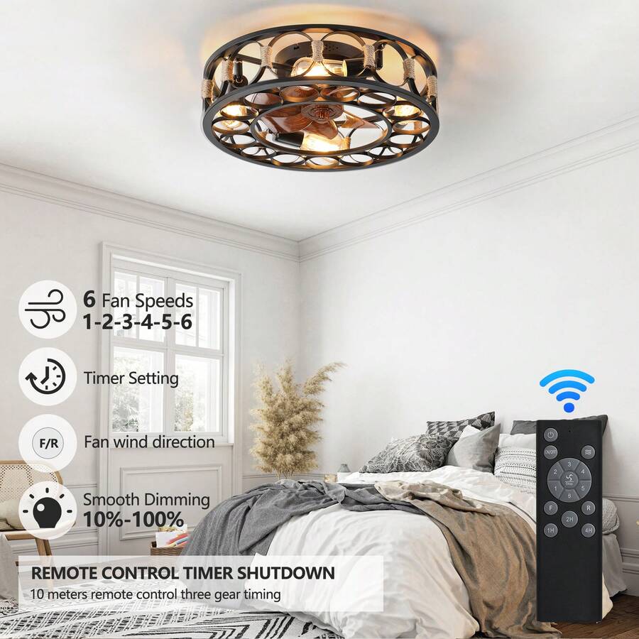 19.68'' Flush Mount Caged Ceiling Fan With Lights, Farmhouse Rustic Low