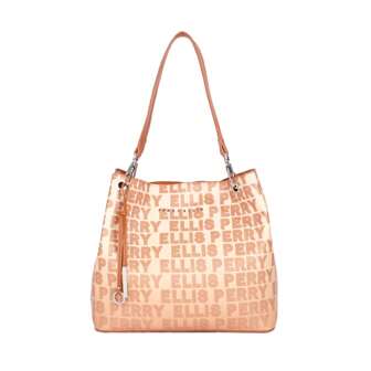  Bolsa Para Mujer Perry Ellis Tipo Shoulder Bag Color Camel Con Asas al hombro y Arillos Metálicos Color Plata y Llavero Colgante Con Logo De La Marca Diseño Tipo Impresión Con El Logo De La Marca