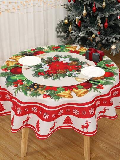 1 件圣诞桌布桌布桌布，花环麋鹿圣诞树雪花图案，圆形桌布，圣诞装饰，桌面装饰家居装饰，圣诞派对装饰派对用品，圣诞快乐，2025 新年装饰，圣诞