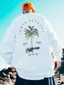 Men Casual Vacation Palm Tree Print Crew Neck Sweatshirt, Fall