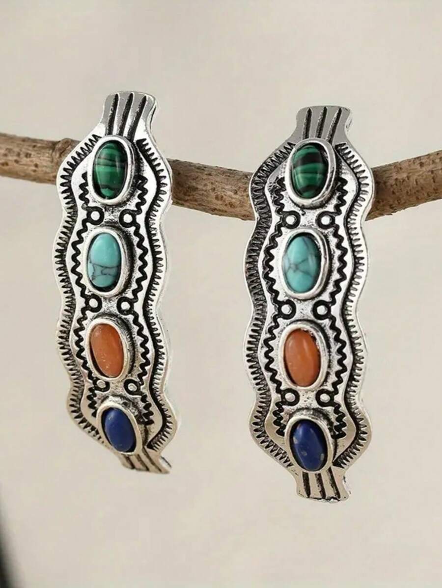 1 Cặp bông tai thiết kế theo phong cách Boho cổ điển thời trang, thích hợp để đeo hàng ngày cho phụ nữ - Màu Bạc Cổ - Xem 1