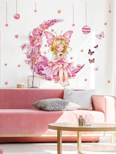 1 Set Of 2 Moon Girl Floral & Butterfly Wall Stickers For Girls' Bedroom, Living Room Or Background Wall Decor, Stickers, Wall Decal, Vinyl Decal For Home Decorations, Spring Decoration Items Refresh Your Home, Rama Decoration Stickers