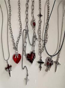 6 chiếc Punk Gothic Red Lava Star Cross Heart Pendant Leather Rope Necklace Women Men Hip Hop Y2K Phụ kiện Trang sức thẩm mỹ Valentine, Mẹ, Mẹ, Ngày của Mẹ, Quà tặng - Nhiều màu - Xem 1