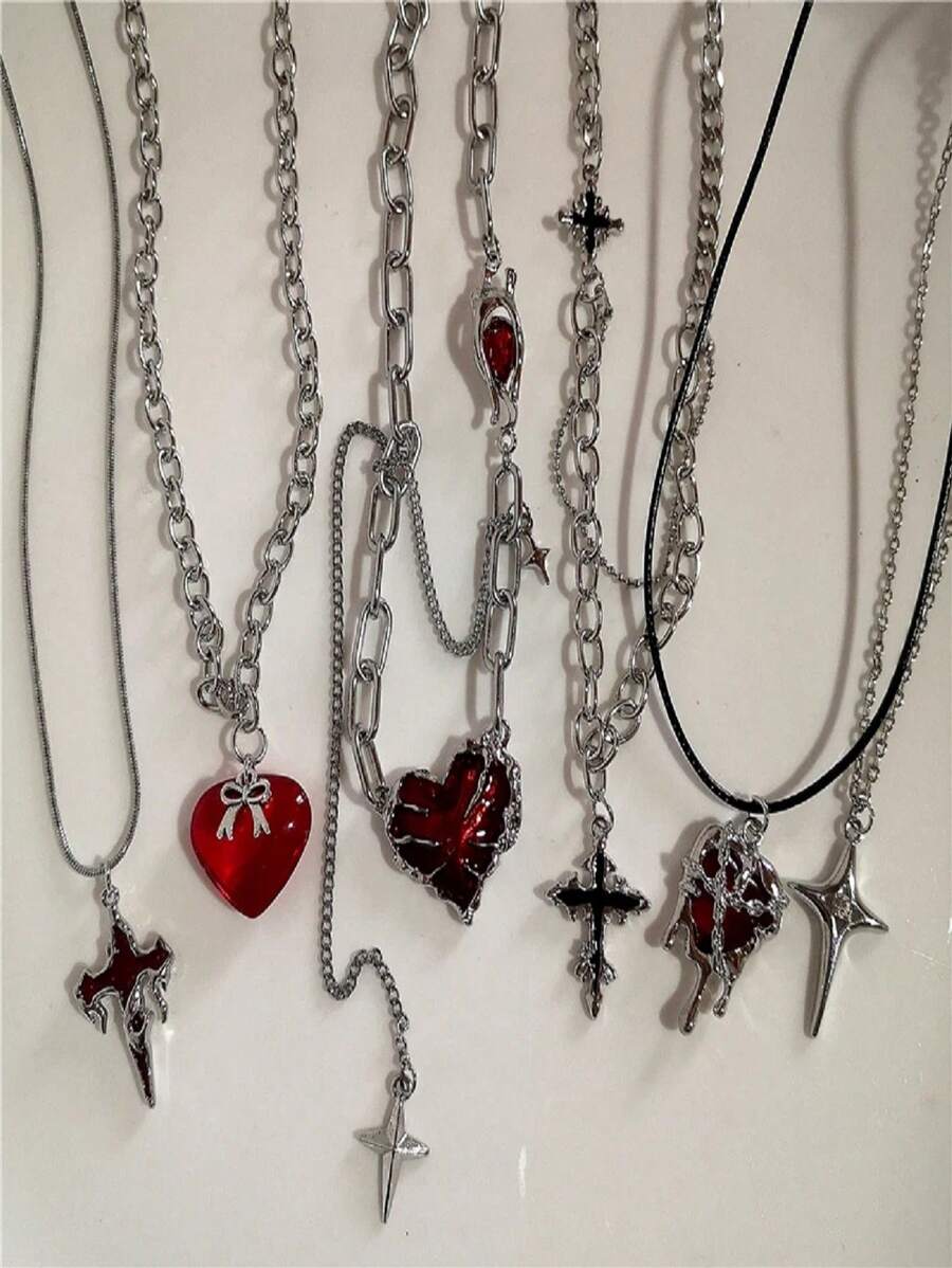 6 chiếc Punk Gothic Red Lava Star Cross Heart Pendant Leather Rope Necklace Women Men Hip Hop Y2K Phụ kiện Trang sức thẩm mỹ Valentine, Mẹ, Mẹ, Ngày của Mẹ, Quà tặng - Nhiều màu - Xem 1