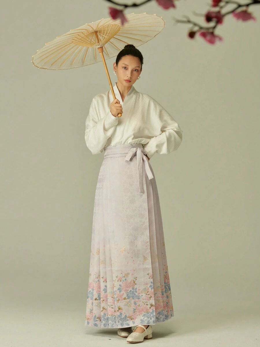 LANZEYILV Light Purple Elegant Floral Patterned Jacquard Skirt, Chinese Style Hanfu Bottoms For Women - Mauve Purple - View 1