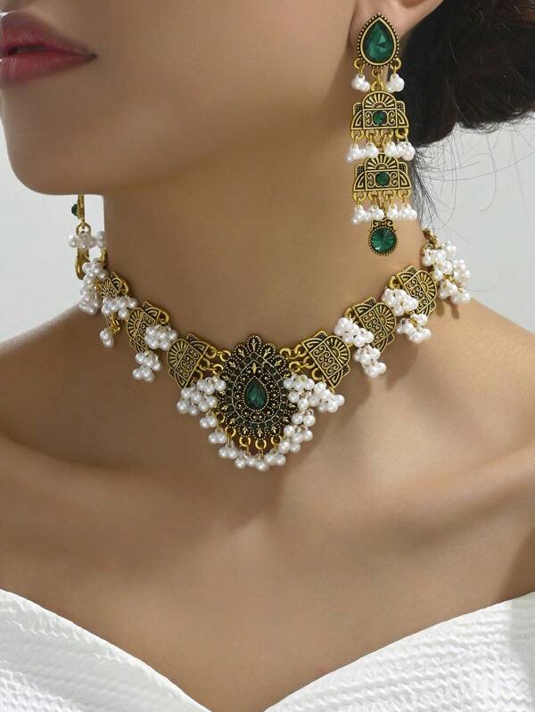 1 set de collier à franges avec strass de style vintage moyen-oriental et boucles d'oreilles exagérées, parure de bijoux pour femmes