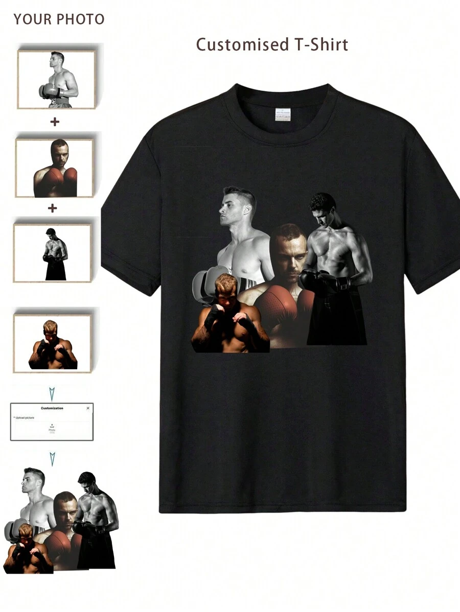 定制男友风男士宽松T恤 - 添加您自己的图片（家庭照片/自拍/宠物照片/朋友照片）来设计您的个性化印花T恤，运动时尚，潮男装，男友风基础款/街头风，送给男友、家人、朋友、孩子的理想礼物，适合生日、圣诞节、秋冬季、假期/节日、健身爱好者等场合。 - 黑色 - 查看 1