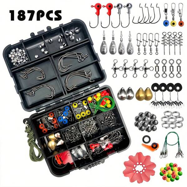 187pcs Ultimate Fishing Kit Set - Complete Tackle Box With Premium Fish Hooks, Bait Parts, Sinkers, And More - Perfect For Outdoor Fishing Enthusiasts