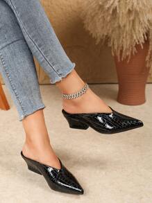 Zapatos de tacón de bloque de tacón medio con diseño de líneas, puntera puntiaguda, empeine profundo y unicolor para mujer, cómodos, con talón abierto, adecuados para el uso diario urbano, fiestas y eventos; Elegantes tacones altos pintado y con caja de punta ancha - Negro - Ver 5