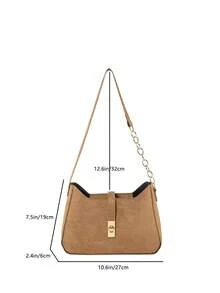 时尚大容量绒面天鹅绒纯色复古哑光单肩包，休闲复古扣饰多用途腋下手提包，月牙形单肩包，女士手提包，通勤包 - 棕色 - 查看 2