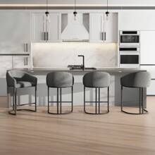 Set Of 4 Counter Height Bar Stools, 27" Modern Barrel Bar Stool With Black Metal Frames And Footrest, Linen Fabric Counter Stools With Curved Backrest And Arms, Upholstered Barstools Chairs For Kitchen Island Gray